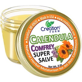 Calendula Comfrey Super Salve, Large 4 oz jar by Creation Farm Herbal Balm Salves Moisturizer Ointment No Gluten, No Soy, No Parabens, No GMO Herbs Grown and Made in USA Comforts Eczema, Psoriasis