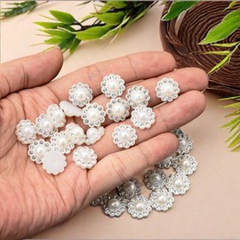 100 pcs Rhinestone Faux Pearl Buttons Accessory Decoration Craft for DIY Scrapbooking Embellishments Wedding Bouquet Flower Centre Home Decor 14mm (100 PCS Silver)