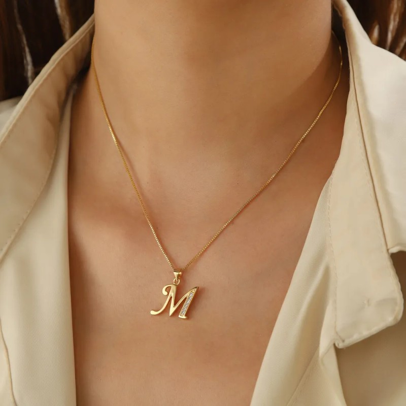 Collares Mujer Inicial Letras Baño Oro 18k Zirconias Color M