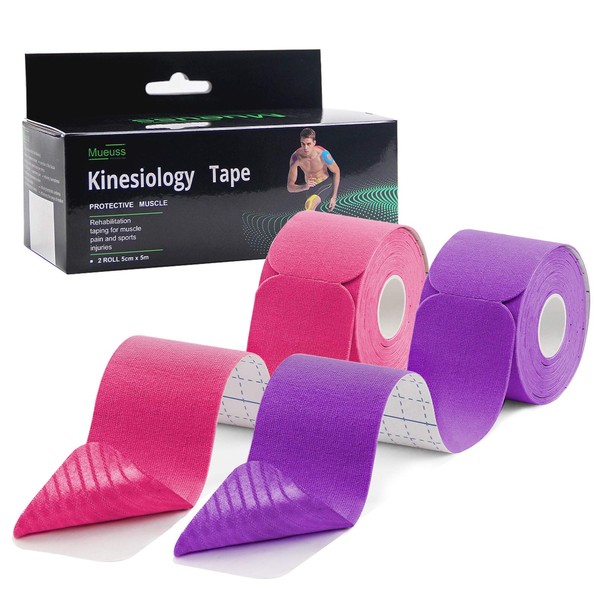 MUEUSS Pregnancy Tape Belly Support, Precut Kinesiology Tape, Waterproof Elastic Athletic Sports Tape, Muscle Tape, Hypoallergenic Tape Knee Tape for Shoulder Knee Pain Relief (2rolls Pink&Purple)