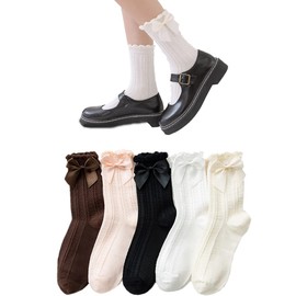 FASELE Women's Socks, Socks, JK, Girls, Ribbon, Cute, Bowknot, Lolita Socks, Cotton, For Work or School, Four Seasons, 8.7 - 9.8 inches (22 - 25 cm), 5 Pair Set B