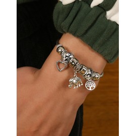 Elegant Cable Elephant Bangle Bracelet Zinc Alloy Tree of Life Heart Jewelry Beads Charms for Women Silver Plated Accessories Gifts (Blue) (Black)