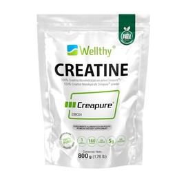 Wellthy Creatina Monohidratada Micronizada Creapure ® 800g. 100% Pura. Solo 1 Ingrediente Creatina Alemana Creapure®. Vegana, Sin Azúcar, 160 porciones, 5g por porción, Pre Entreno con Scoop. Pure. Proven. Perfect.