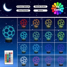 Hinittey Soccer Ball Night Light for Kids, Football 3D Illusion Lamps with 16 Colors Changing Remote Control Timing for Room Decor, Birthday Christmas Holiday Gifts for Boys Teens Men Fans