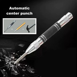 GCFTIFF Automatic Center Punch for Metal,Spring Loaded Center Punch Tool with 2 Extra Replacement Tip,Handed Spring Puncher for Wood,Plastic,Stainless Steel (6'' Black)