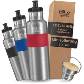 HiLo sports Insulated Drinking Bottle Bicycle Stainless Steel 600 ml - Keeps Warm for 12 Hours and Cold for 24 Hours, Thermal Cycling Bottle - Leak-Proof Metal Bicycle Water Bottle with 2 Closures