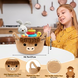 Hkojewp Highland Cute Cow Basket for Nursery, Small Shower Gift Basket, Round Woven Rope Cotton Storage, Baby Blanket 0rganizer with Ears Handles, Blanket Towel Decor Storage Bins, 10.7"D x 4.4"H IN