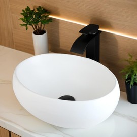 Lonuebu Bathroom Vessel Sink 16 Inch,Oval Vessel Sink Ceramic White Vessel Sink with Faucet and Drain Combo Bowl Sink Egg Shape Art Sink Batroom Vessel Sinks Above Counter