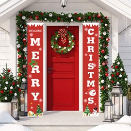 Kiwinvou Christmas Porch Sign,Merry Christmas Decoration Banner,Xmas Porch Sign Hanging for Home Wall Door Holiday Party Decor