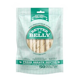 Better Belly Fresh Breath Dental Twist Sticks, 50 Count, Highly Digestible Rawhide for Dogs