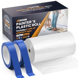 Plastic Drop Cloths, 200' Length x 9' Width Painter's Plastic Film with 2 Rolls Painter's Tape - Disposable Painter's Sheeting & Tarps for Painting Supplies, Furniture/Couch/Floor Protection