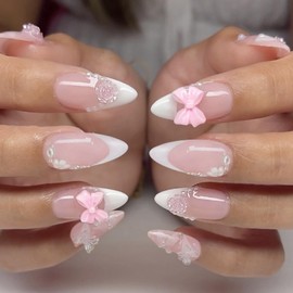 Virellay 24 Pieces French Press on Nails Almond, 3D Almond Artificial Nails for Sticking, Pink Butterfly Accessories, Nail Tips Almond with Nail Glue, False Nails for Women (French 3D Decoration, 24