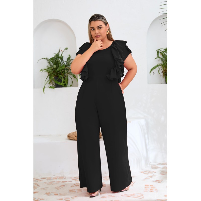 VERWIN Plus Size Ruffle Women's Jumpsuit Plain Full Length Romper