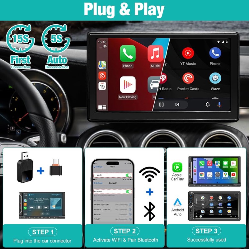 Wireless CarPlay Adapter, Android Car Wireless Adapter, Type-C/USB Plug Play