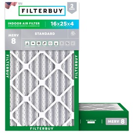 Filterbuy 16x25x4 Air Filter MERV 8 Dust Defense (2-Pack), Pleated HVAC AC Furnace Air Filters Replacement (Actual Size: 15.50 x 24.50 x 3.63 Inches)