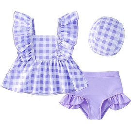 [AILITI] キッズ 水着 女の子 セパレート 3点セット 子供用水着 ノースリーブトップス ショートパンツ フリル スイムキャップ付き 速乾 幼児 小学生 (100, パープル)