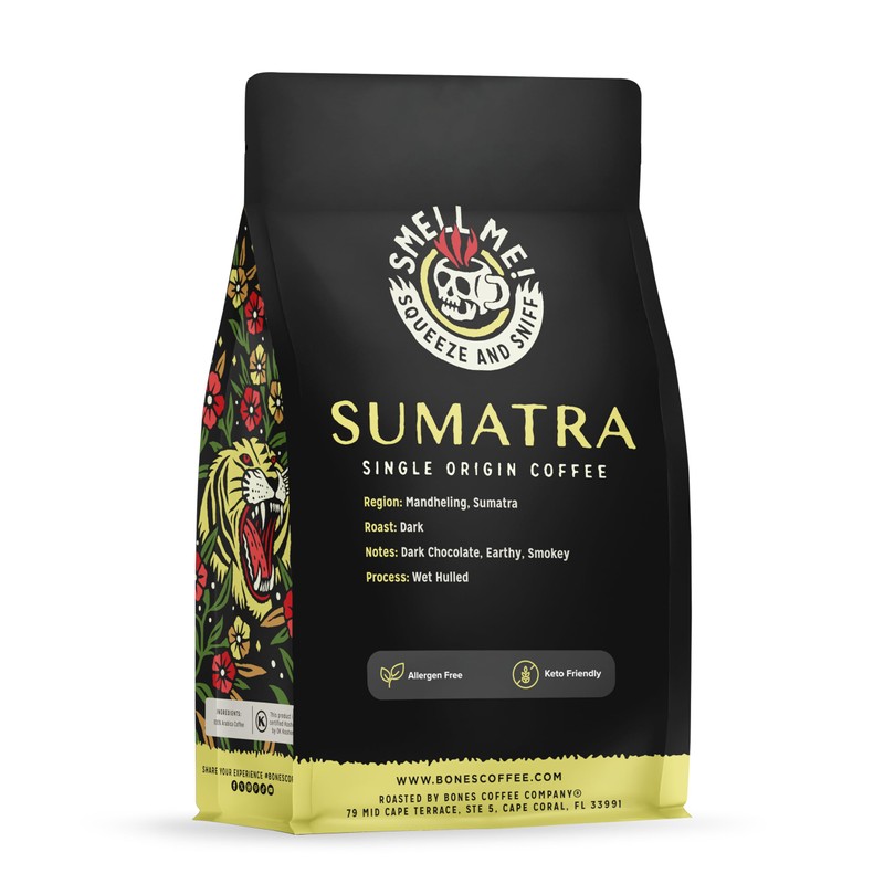 Bones Coffee Company Sumatra Single-Origin, Dark Chocolate, Smoky Earthy Notes,