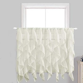 Rooney 2PC Sheer Voile Ruffled Kitchen Curtain Tiers (Ivory, 28" X 24")