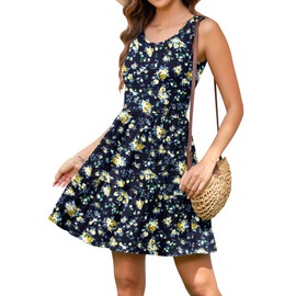 AUSELILY Womens Summer Dress Casual Sleeveless Crewneck T Shirt Sundress Flowy Tiered Swing Mini Dresses Yellow Little Floral M