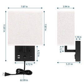 Black Wall Sconces Set of Two, Bedside Wall Lights for Bedroom, Plug in Wall Sconce with USB Ports and Outlets, Modern Wall Lamp for Mirror Kitchen Living Room Hallway, E26 Base (LED Bulbs Included)