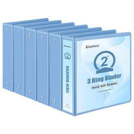 COMIX Standard 3 Ring Binder 2 inch with Clear View Cover, 2" Round Ring View Binder Holds 400 Sheets of US Letter Size Paper, 6 Pack (Pale Blue)