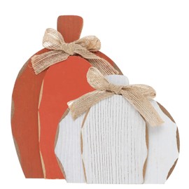 Rustic Wood Pumpkins - Fall Harvest Decor 2 Piece Set - Tabletop Windowsill Signs By Charmed By Dragons (Orange & White Pumpkins)