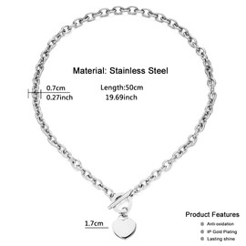 WangGao Elegent Love Stainless Steel Link Chain Blank Heart Charms Necklace for Women Toggle Clasp Closure,Silver