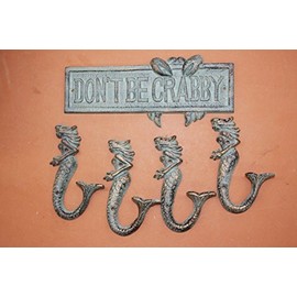 Cast Iron Home Decor Collectibles Antique-Look Mermaid Bath Towel Hook Set- Don't Be Crabby Wall Plaque, Bundle of 5 Items