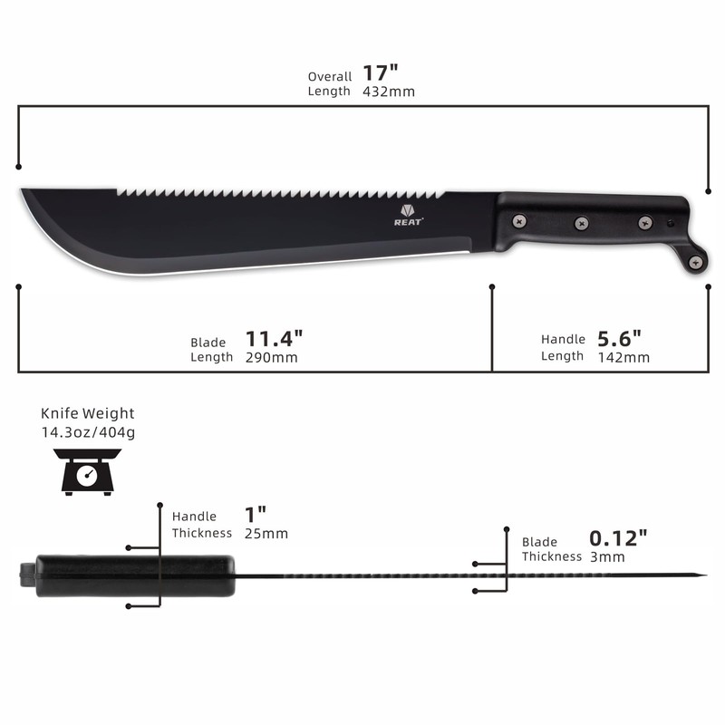 REAT Machete with Saw, 17" Full Tang Machete with Sheath,