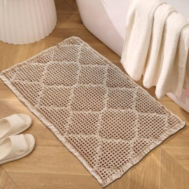 ZALL Tan Waffle Bath Mat,Super Absorbent Non Slip Bathroom Rug,Brown 18x30inch, Geometric Diamond Machine Washable Ultra Soft Floor Mats