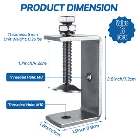 AKOLAFE 6 Pack 2-1/2 Inch Small C Clamps Heavy Duty C Clamp Set Stainless Steel C-Clamp Metal U Clamp with M8/M10 Hole 29-58MM Adjustable G Clamp Bulk Tiger Desk Clamp for Woodworking Welding Mounting
