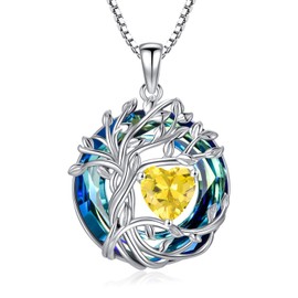 TOUPOP Tree of Life Necklace for Women White Gold 925 Sterling Silver Citrine November Birthstone Pendant Necklaces with Crystal Birthday Irish Celtic Tree of Life Jewelry for Wife Girlfriend