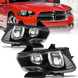 KUIPERAUTO Halogen Headlights Assembly Compatible for 2011-2014 Dodge Charger Black Housing Clear Reflector