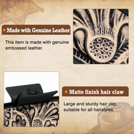 DEEKA Western Hair Clip for Women, Large Genuine Leather Brown and Turquoise Embossed Tooled 4" Hair Claw Clips, Country Girls Cowgirl Stuff, Hair Accessories for Thick Hair - Black