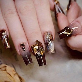 Press on Nails Medium Coffin Fake Nails with Golden Lines Rhinestones Designs Fall Nails Press ons Glossy Glue on Nails Brown Acrylic Nails Gradient False Nails Winter Stick on Nails for Women 24Pcs
