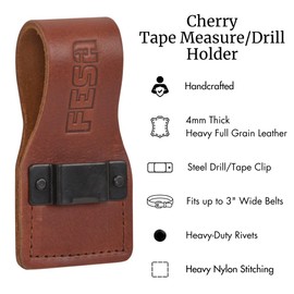 FESA Leather Tape Measure Holder or Drill Holder for Tool Belt - Full Grain w/Steel Clip & Reinforced Heavy Duty Rivets - Fits Belts up to 3" - Handcrafted (Cherry)