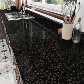 Skyblur Black and Gold Granite Marble Contact Paper Peel and Stick Wallpaper Countertops 15.7"x78.8" Glossy Granite Contact Paper for Kitchen Cabinets Waterproof Removable Vinyl Wallpaper Backsplash