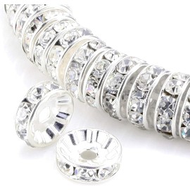 Mingtao 100Pcs Rondelle Spacer Beads 8mm Silver Plated Round Crystal Charms Czech Rhinestone Spacer Loose Beads for Jewelry Making Supplies Bracelet Necklace (8MM, White)