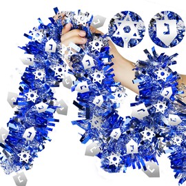 2 Pack Hanukkah Decorations, 36 Ft by 6 Inch Hanukkah Tinsel Garland with Dreidel Star of David Silver Ornaments Blue Metallic Streamers, Indoor Outdoor Chanukah Decorations Home Party Supplies
