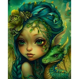 Girl with Green Dragon Paint by Numbers Kits 16x20 inch Canvas DIY Oil Painting for Kids, Students, Adults Beginner with Brushes and Acrylic Pigment-Dreamy Portraits Rococo Anime Style(Without Frame)
