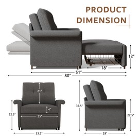 Yeyawomy Sofa Bed Chair, 3-in-1 Convertible Sleeper Chair with Storage Drawer, Lambswool Fabric Pull Out Couch with Adjustable Backrest, for Living Room Bedroom Office, Dark Gray