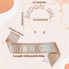 SUBTAVIK Geburtstagsschärpe und Tiara, Glitzer-Geburtstags-Stirnband für Mädchen, Geburtstagsschärpe mit Strasssteinen, Geburtstags-Accessoires für Frauen und Mädchen (Roségold)