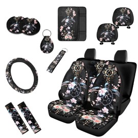 Semiouray Tropical Sea Turtle Floral Print 13 PCS Car Seat Cover Set Hawaii Turtles Hibiscus Steering Wheel Cover Cup Coasters Decor Accessory Fit for Trucks SUV, Black