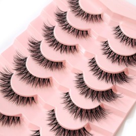 SY-SHUYING False Eyelashes 12mm Faux Mink Lashes with Clear Band Natural Look Fluffy Cat Eye Strip Lashes Soft Wispy Luxury Volume Fake Eyelashes 7 Pairs Pack