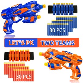 2 Pack Blaster Guns Boys Toy-with 60 Soft Foam Darts Bullets& 2 Wrist Bands- Easter Basket Stuffers Hand Gun Toys Party Supplies for 3,4,5,6,7,8,9 Years Kids