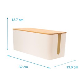 Intirilife Cable Box with Bamboo Lid in White - 32 x 13.6 x 12.7 cm - Cable Management Box, Organiser for Hiding Cables and Power Strips