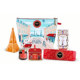 Maxim's De Paris - Bonjour Gift Pouch, Assortment of French Delicacies in a Paris Style Pouch: Chocolate, Nougat, Jam, Eiffel Tower Tin Box, Pencil Tin Box, Mini House Tin Box