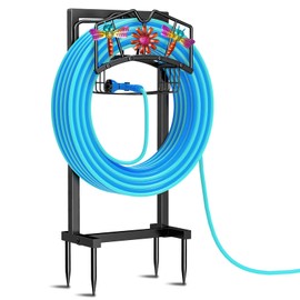 MeyRolizn Garden Hose Holder, Freestanding Water Hose Holder with Storage Basket, Heavy Duty Metal Hose Reels Stand With 4 Spikes for Outside Yard Lawn Black (Dragonflies+Flowers.)