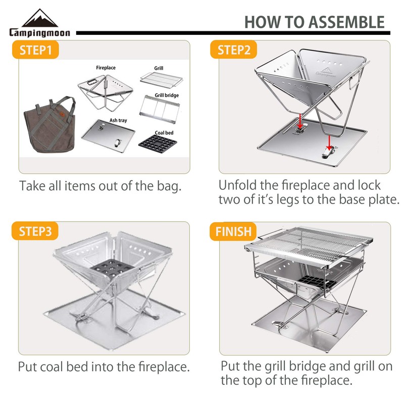 CAMPINGMOON 3-in-1 Portable Stainless Steel Wood Burning Grill and Fire