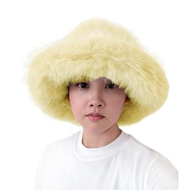 Lina & Lily Oversized Winter Faux Fur Bucket Hat for Women - Long Pile Fur Wide Moldable Brim (Light Yellow)